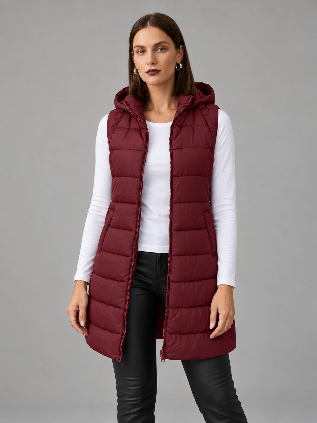 CHALECO LARGO ACOLCHADO CON CAPUCHA PARA MUJER
