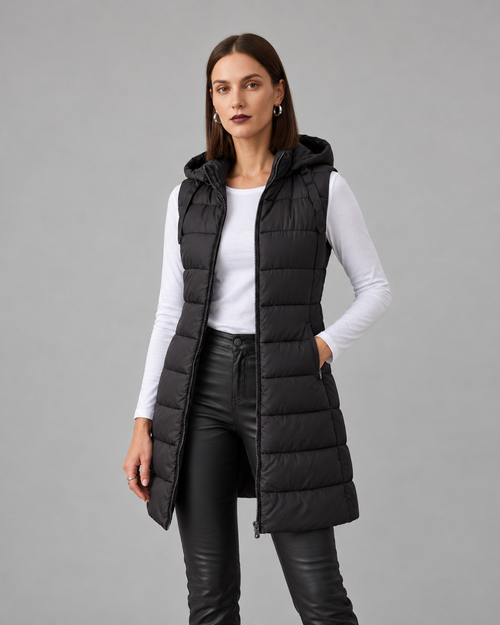 CHALECO LARGO ACOLCHADO CON CAPUCHA PARA MUJER