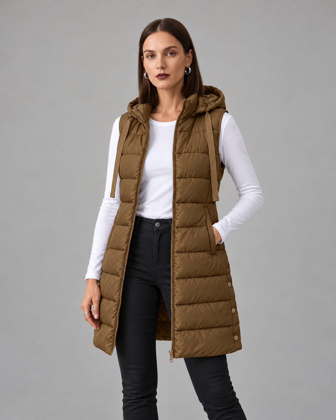CHALECO LARGO ACOLCHADO CON CAPUCHA PARA MUJER
