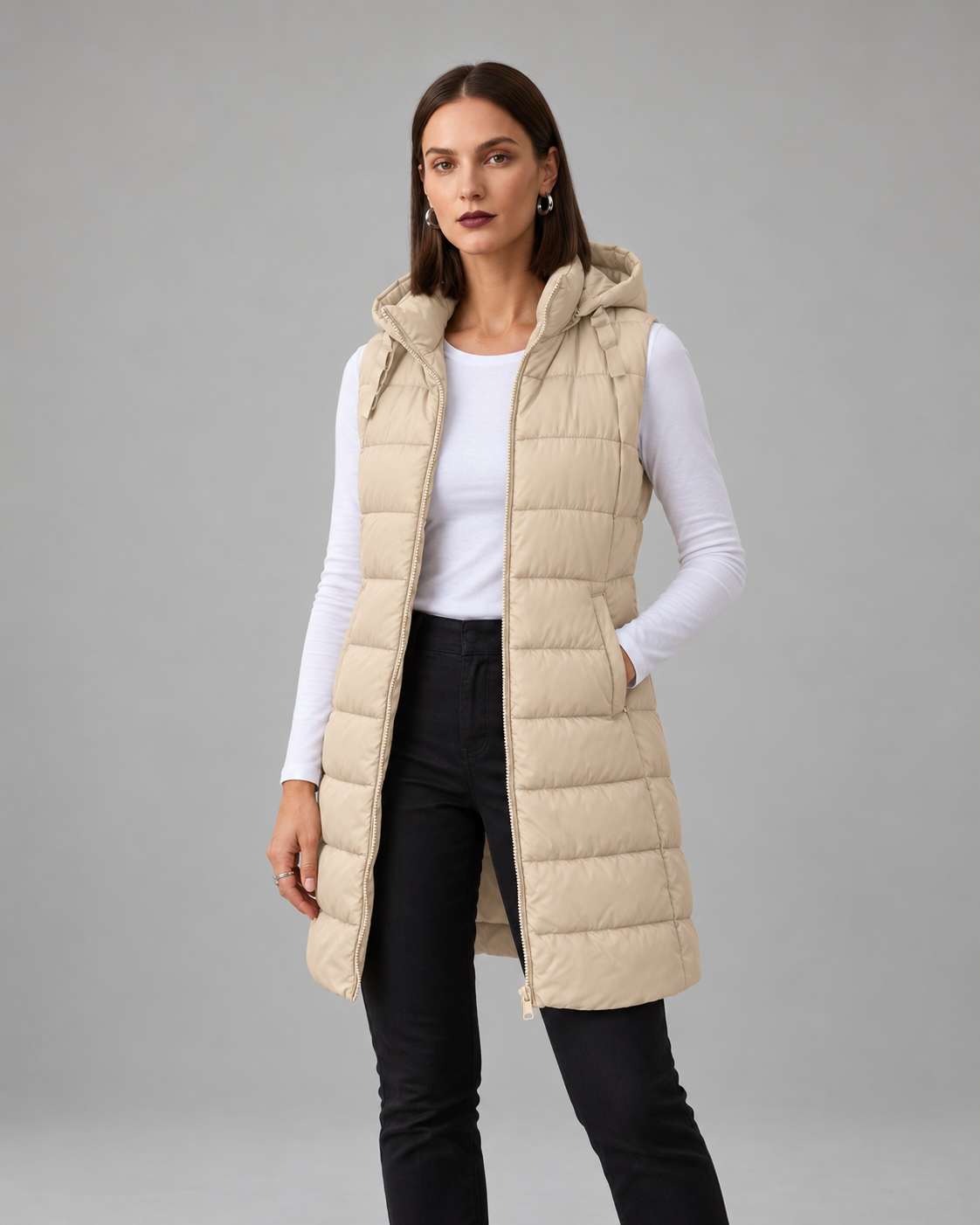 CHALECO LARGO ACOLCHADO CON CAPUCHA PARA MUJER