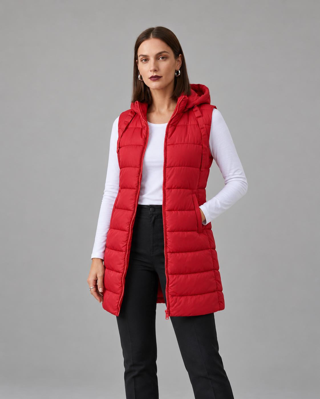 CHALECO LARGO ACOLCHADO CON CAPUCHA PARA MUJER