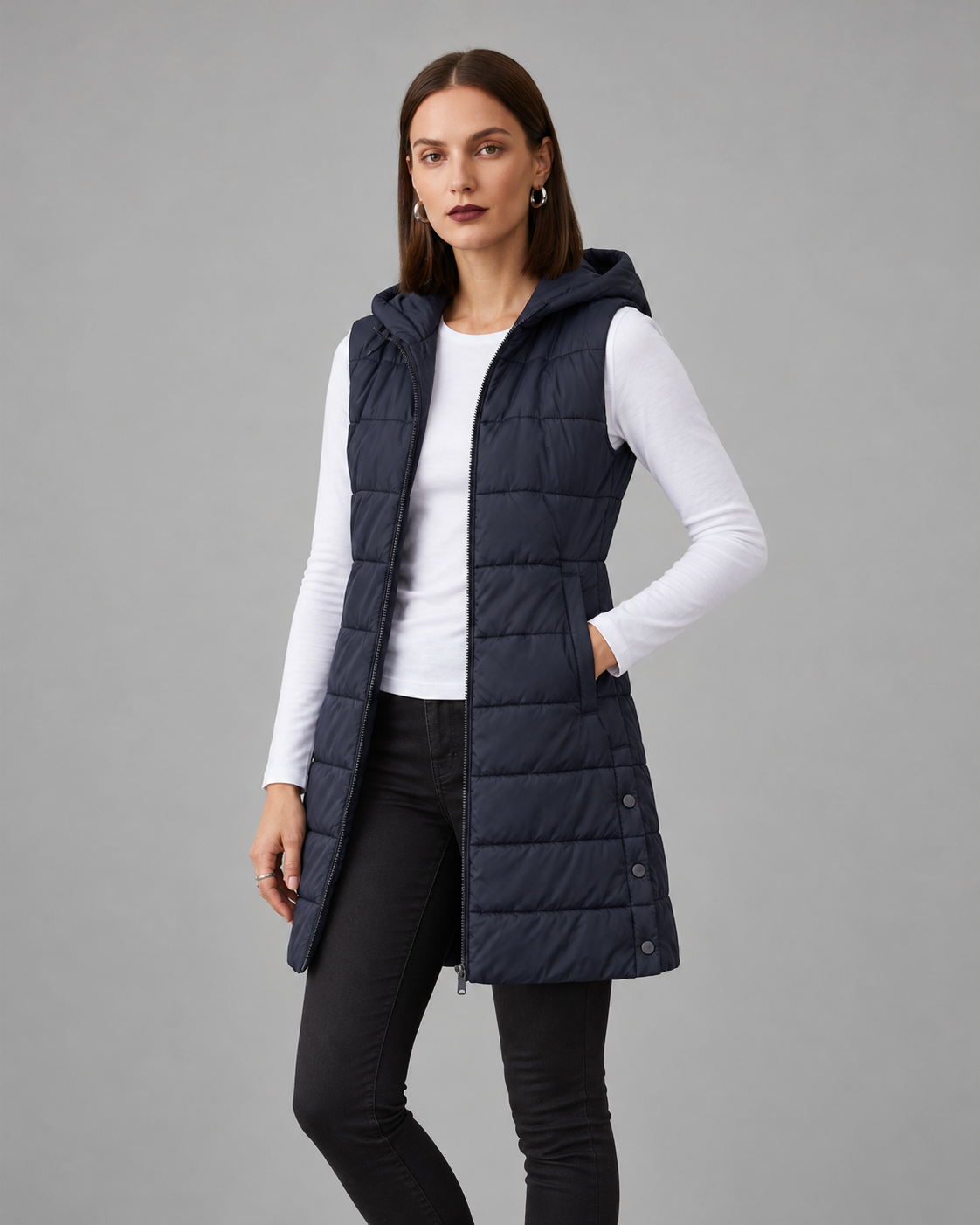 CHALECO LARGO ACOLCHADO CON CAPUCHA PARA MUJER
