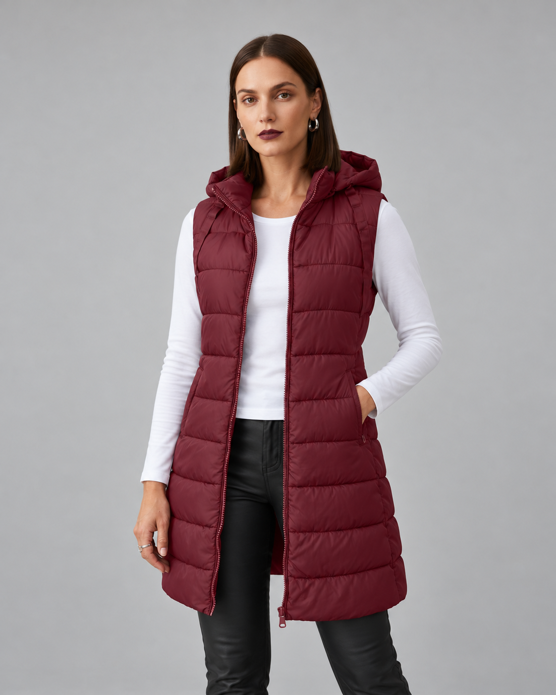 CHALECO LARGO ACOLCHADO CON CAPUCHA PARA MUJER