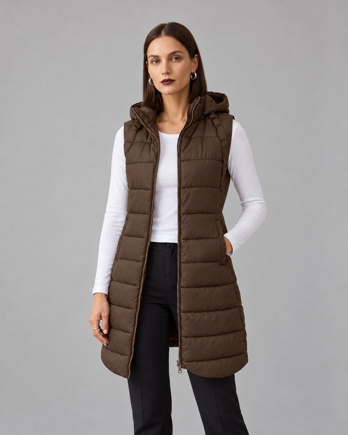CHALECO LARGO ACOLCHADO CON CAPUCHA PARA MUJER