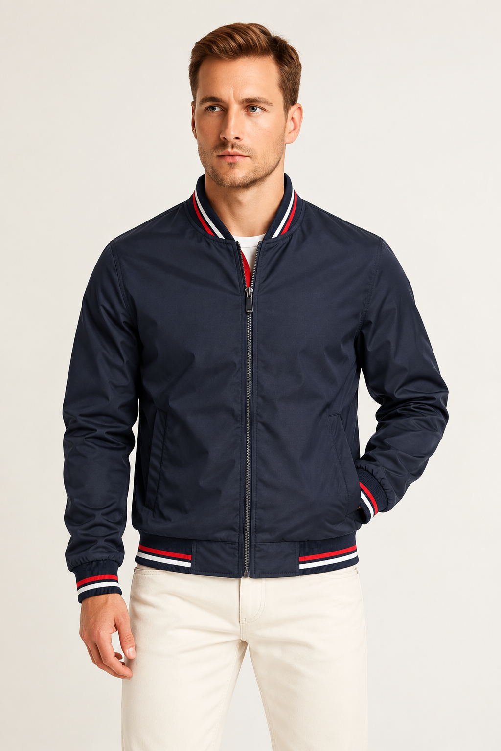 Chaqueta bomber con ribetes a rayas cómoda