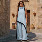 Conjunto Sofía – Top Cuello Alto y Pantalón Ancho con Ribete de Contraste