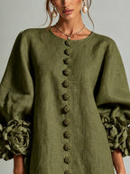 Vestido Mini Camisero Floral Verde Oliva con Puños Florales Extravagantes